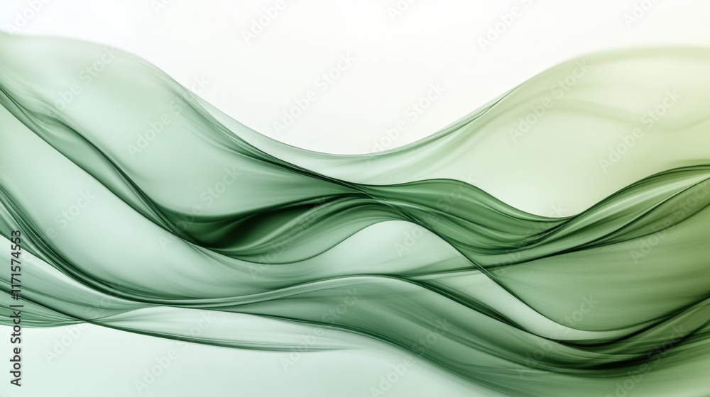 Obraz premium Abstract waves, flowing curves, shades of green, white background, dynamic composition, smooth gradients, fluid motion, organic shapes, digital art, minimalist design, ethereal atmosphere, swirling pa