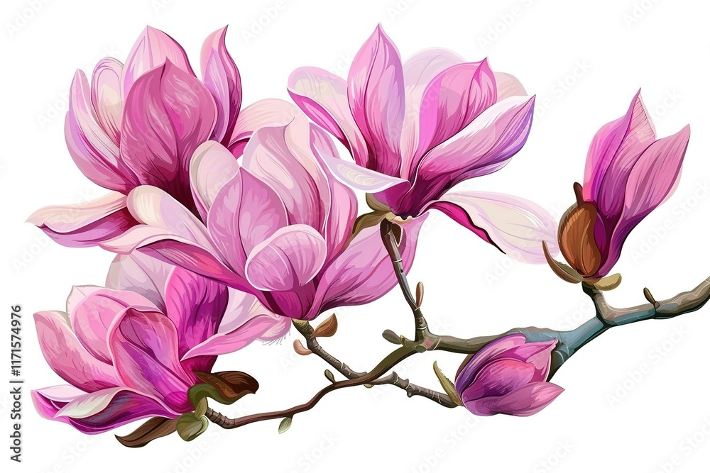 Fototapeta premium Pink magnolia blossoms in full bloom on a branch.