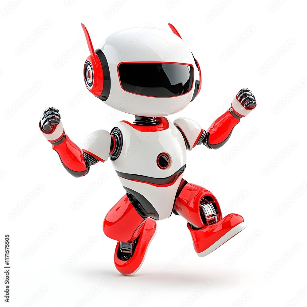 Playful Robot Character with Red and White Design in Dynamic Pose Playful Robot Character with Red and White Design in Dynamic Pose