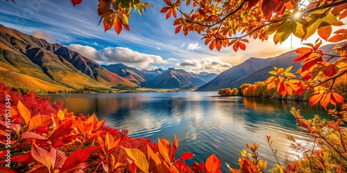 Vibrant macro autumn leaves paint Glendhu Bay, Lake Wanaka, New Zealand â€” a photographer's dream. photo