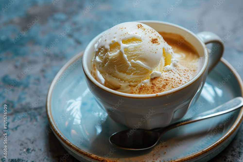 Indulgent Vanilla Ice Cream Scoop with Coffee and Cream in a Glass, Served as a Sweet Dessert Pairing Indulgent Vanilla Ice Cream Scoop with Coffee and Cream in a Glass, Served as a Sweet Dessert Pairing
