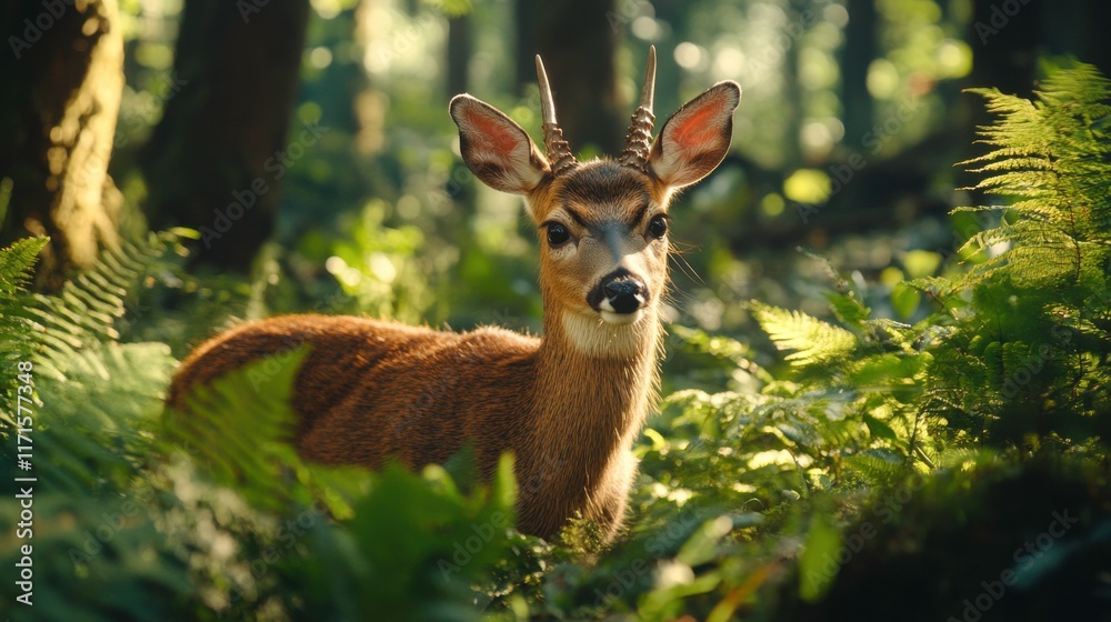 Serene Forest Scene with Young Deer in Bright Light Serene Forest Scene with Young Deer in Bright Light