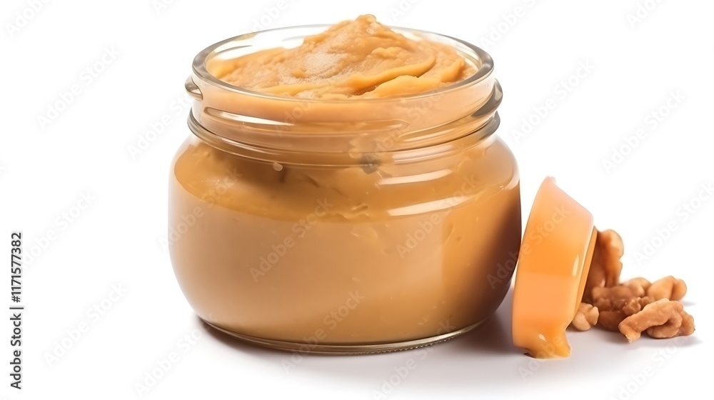 Isolated jar of fresh peanut butter with a lid isolated on solid white background. Isolated jar of fresh peanut butter with a lid isolated on solid white background.