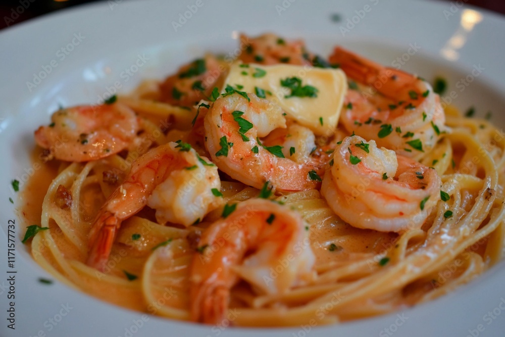 Creamy shrimp pasta dish garnished with fresh herbs served in a cozy dining setting Creamy shrimp pasta dish garnished with fresh herbs served in a cozy dining setting
