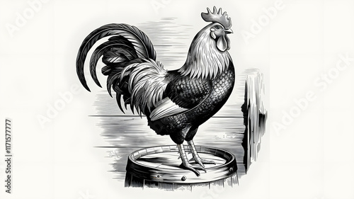 A detailed black and white illustration of a rooster, showcasing intricate line work and shading. Isolated white background. photo