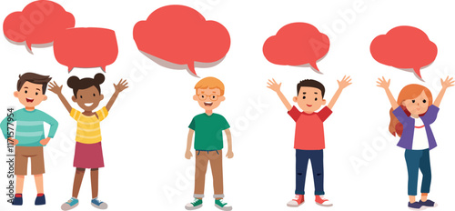 Children talking and sharing ideas with speech bubbles