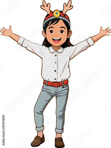 Happy girl wearing christmas reindeer antlers smiling with open arms