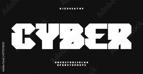 Cyber tech typeface, futuristic block letters, digital display font for tech branding, gaming interface, sci-fi headlines, contemporary digital design. Vector typeset.