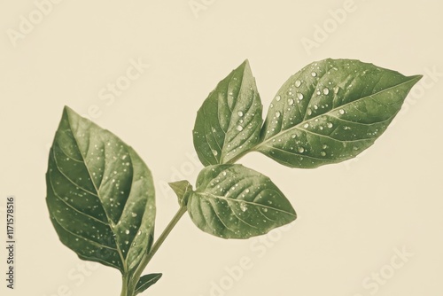 Fresh green leaves with dew drops in soft light