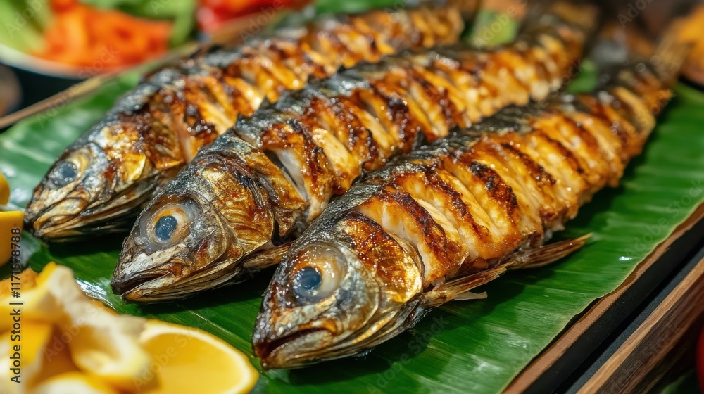 A close-up of whole mackerel fish neatly arranged on a banana leaf, ready to be served at a local Thai seafood market, showcasing the vibrant colors and fresh texture. A close-up of whole mackerel fish neatly arranged on a banana leaf, ready to be served at a local Thai seafood market, showcasing the vibrant colors and fresh texture.