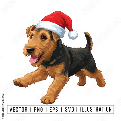 Cute Airedale Terrier Puppy in Santa Hat - Christmas Cartoon Vector Illustration
