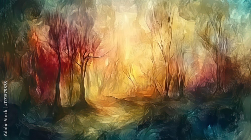Fototapeta premium Impressionistic painting of a mystical forest path at sunrise, with vibrant colors and textured brushstrokes.