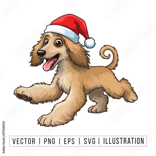 Cute Afghan Hound Puppy in Santa Hat - Christmas Cartoon Vector Illustration