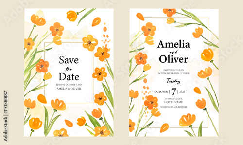 Wedding invitation template with beautiful yellow flowers and leaves.