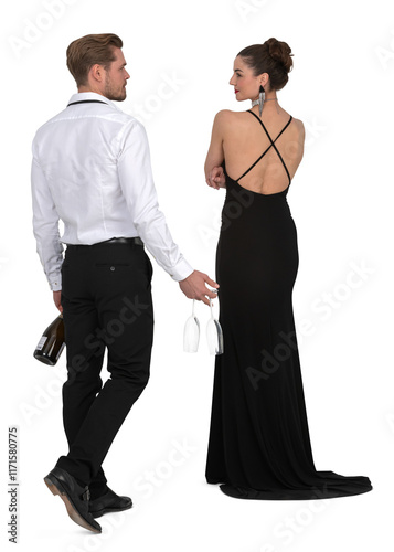 Elegant man with a champagne bottle and glasses walking towards the lady in a black evening dress isolated on transparent background