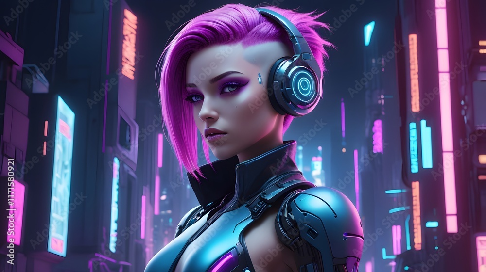 Women Cyberpunk Warrior with Futuristic Tech Armor, Neon Lights, and Dark Futuristic Cityscape. Generative AI Women Cyberpunk Warrior with Futuristic Tech Armor, Neon Lights, and Dark Futuristic Cityscape. Generative AI
