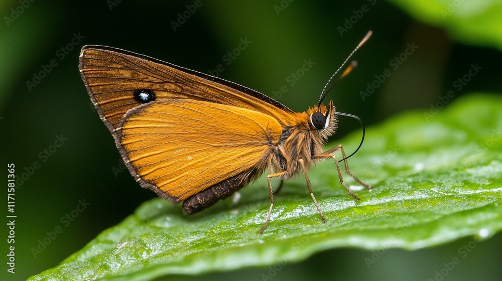 A close-up of an orange butterfly resting on a green leaf. A close-up of an orange butterfly resting on a green leaf.