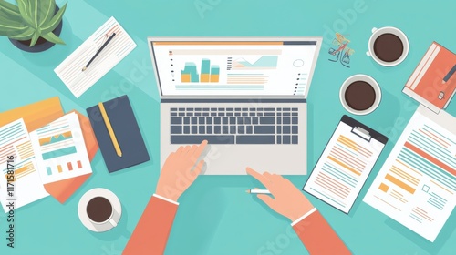 A business owner conducting an online meeting via video call, surrounded by documents and a cup of coffee, working remotely in a modern home office setup.