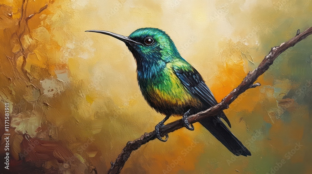Fototapeta premium Vibrant Green Hummingbird on Branch, Oil Painting