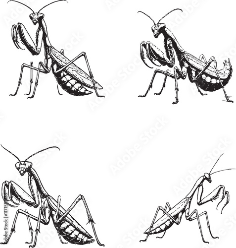 Detailed Black and White Illustrations of Praying Mantis