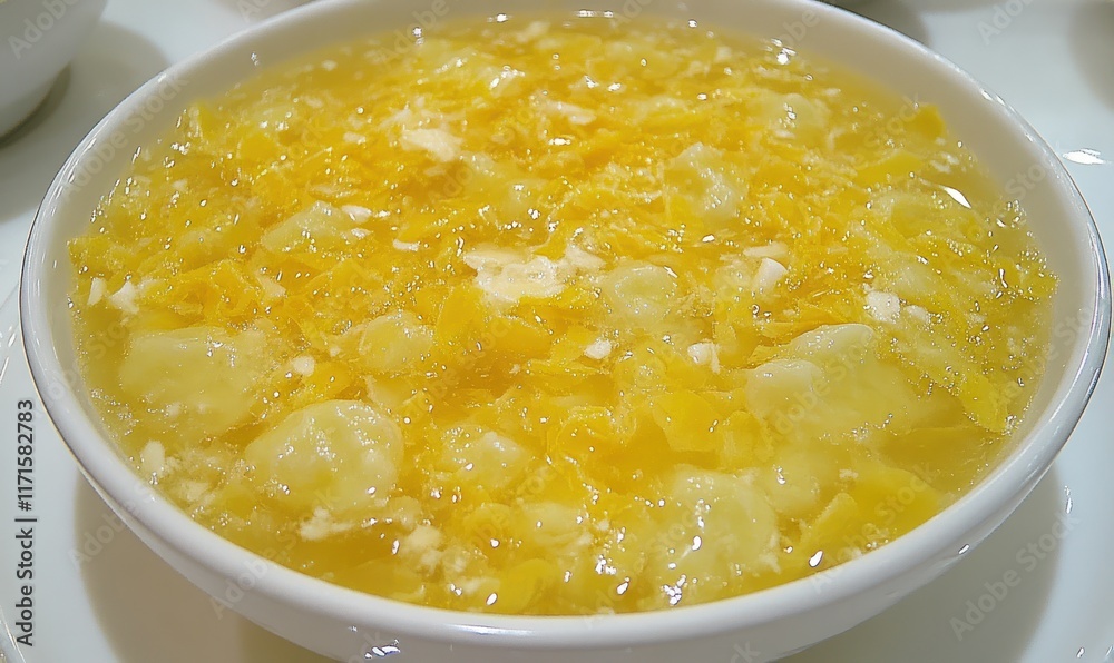 Restaurant egg drop soup, close-up, Asian cuisine, blurry background Restaurant egg drop soup, close-up, Asian cuisine, blurry background