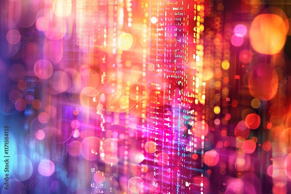 Abstract digital data stream with vibrant bokeh lights.