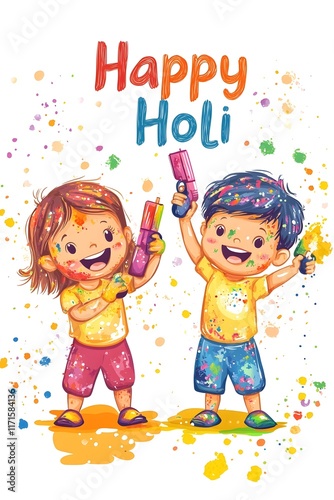 Happy Holi. kids playing with colors Indian festival