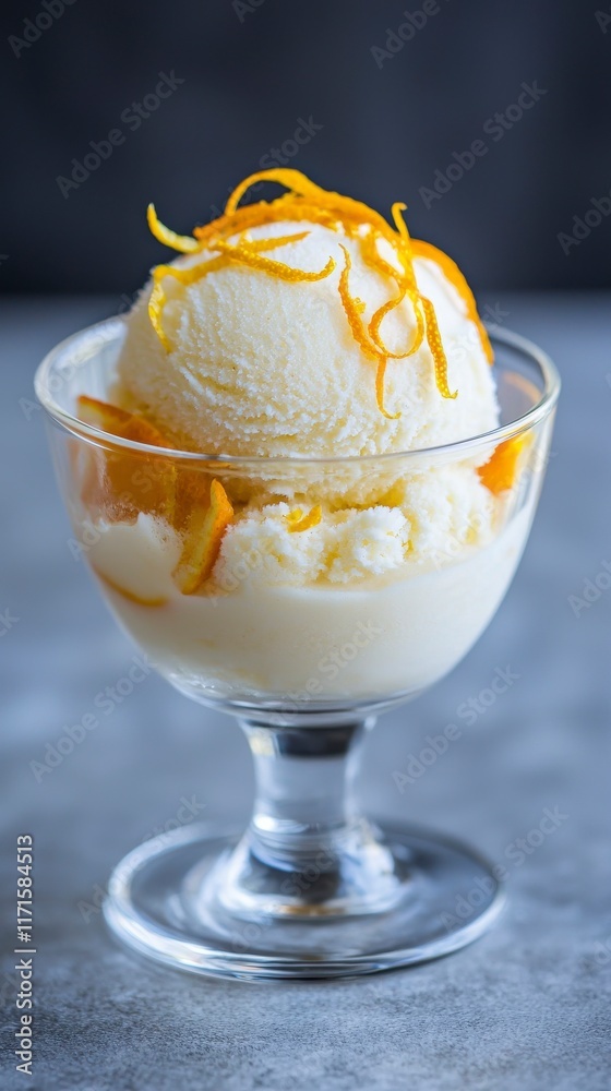 Refreshing Citrus Sorbet Served in a Clear Glass Dish with Zesty Orange Garnish Perfect for Summer Desserts or Gourmet Culinary Presentations Refreshing Citrus Sorbet Served in a Clear Glass Dish with Zesty Orange Garnish Perfect for Summer Desserts or Gourmet Culinary Presentations