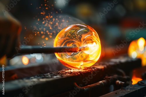 A glassblower skillfully shaping molten glass with a blowpipe and tools. photo