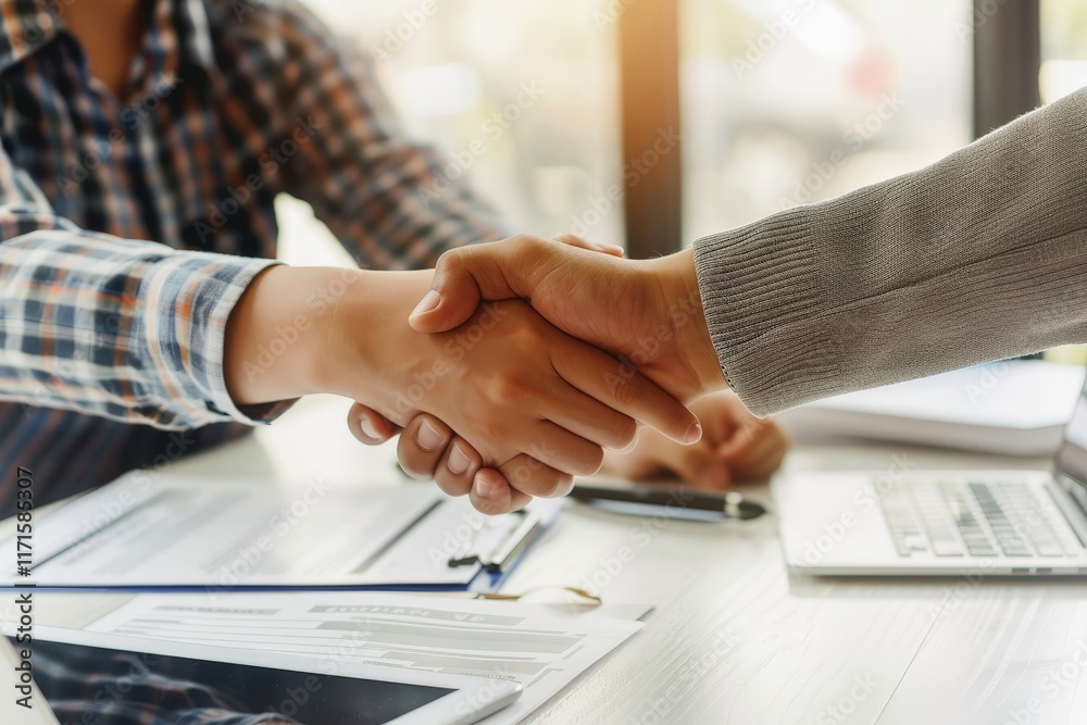 Fototapeta premium A small business owner shaking hands with a banker in a modern office.