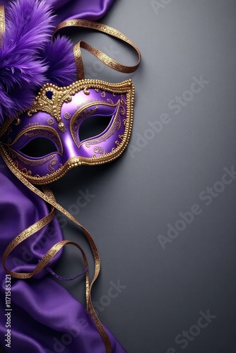 Purple and gold masquerade mask with feathers on elegant fabric background
