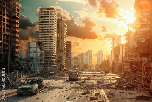 Fictional view of a city after an earthquake with many destoryed buildings