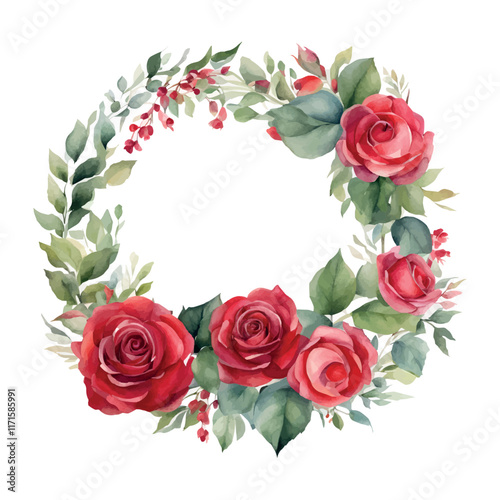 Watercolor roses round frame flowers with gold, symbol of love, wedding, purity, vector illustration.