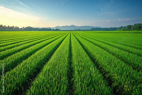 Lush green rice field stretching towards distant mountains at sunrise