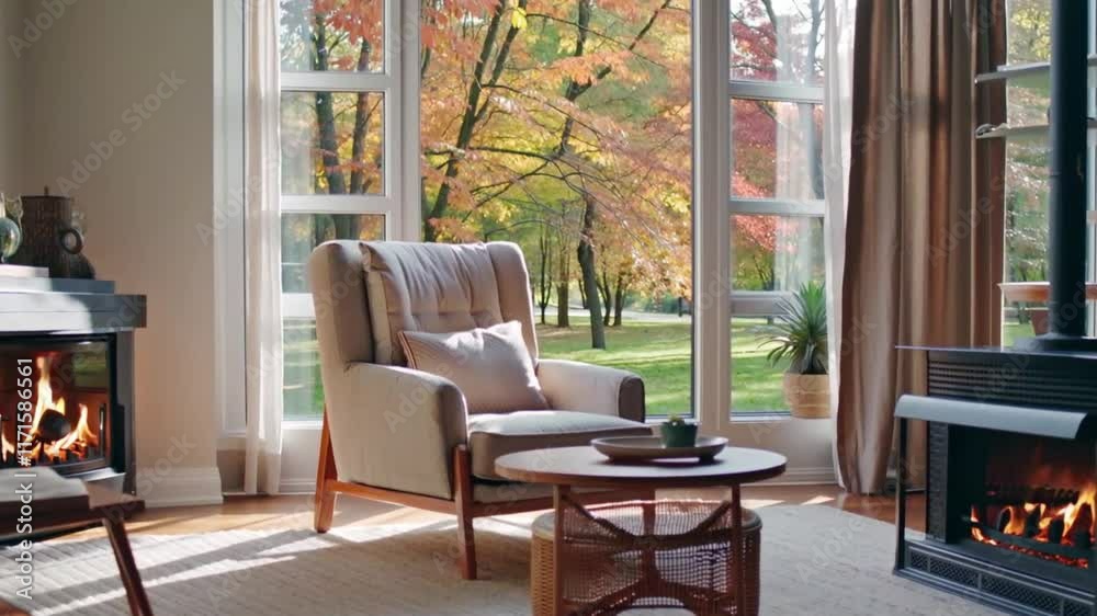 Warm and inviting living space featuring a cozy chair, modern fireplace, and large windows showcasing beautiful autumn scenery. Warm and inviting living space featuring a cozy chair, modern fireplace, and large windows showcasing beautiful autumn scenery.