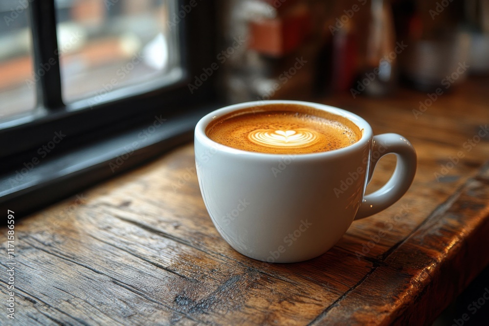 Latte art coffee sitting on a rustic wooden table by the window Latte art coffee sitting on a rustic wooden table by the window