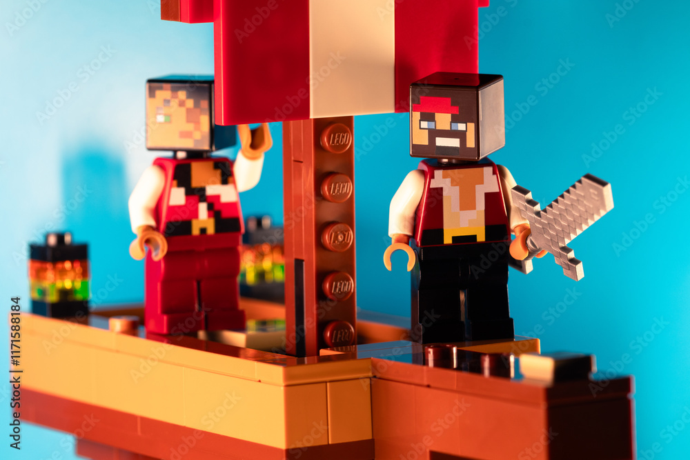 Naklejka premium LEGO Minecraft Pirates on a pirate ship against a blue sky