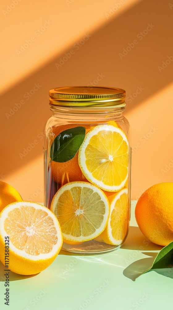 Bright Citrus Display in Clear Jar Surrounded by Fresh Oranges on Green Surface with Vibrant Background and Golden Lid for Aesthetic Food Photography Bright Citrus Display in Clear Jar Surrounded by Fresh Oranges on Green Surface with Vibrant Background and Golden Lid for Aesthetic Food Photography
