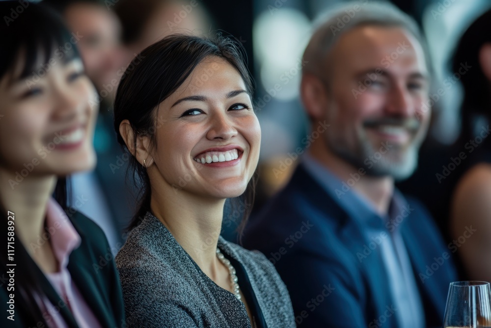 Smiling audience members at a formal event Smiling audience members at a formal event