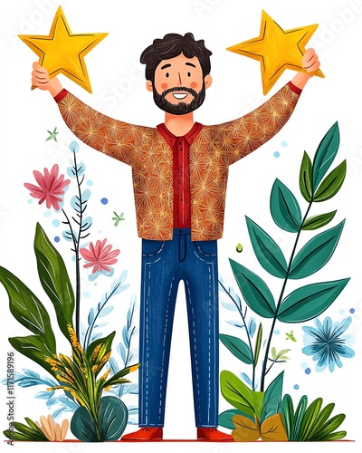 grow in job position, a cartoon-style office scene with a young professional receiving a golden star from their manager while coworkers clap enthusiastically.