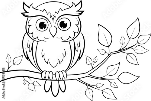 Adorable Cartoon Owl Perched on a Branch with Leaves
