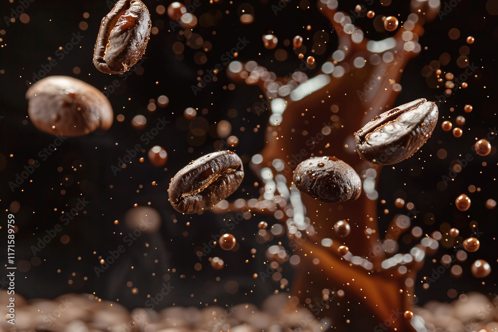 Dynamic Coffee Splash with Flying Coffee Beans and Droplets in a High-Speed Coffee Action Shot on a Dark Background