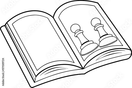 Open book reveals chess strategy guide, pawns, game plan