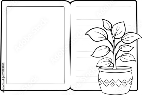 Open Notebook with Potted Plant, Blank Page, Botanical Sketch