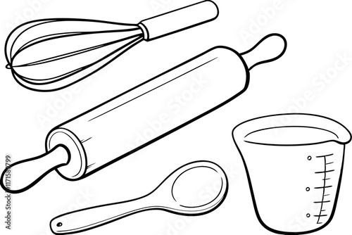 Baking tools whisk, rolling pin, spoon, measuring cup, kitchen utensils