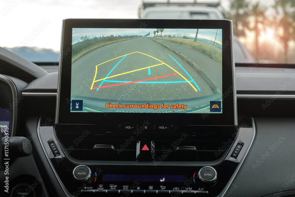 Car rear view monitor screen in reverse mode Car rear view monitor screen in reverse mode