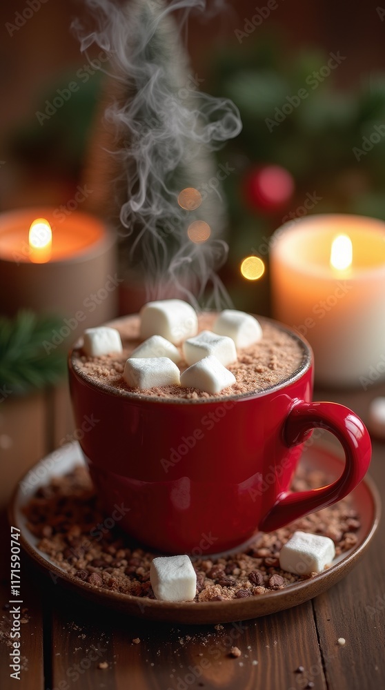Steaming hot chocolate in red mug with marshmallows and candles Steaming hot chocolate in red mug with marshmallows and candles