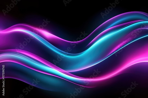 Abstract waves, vibrant colors, neon glow, fluid motion, dynamic curves, electric blue, vivid purple, deep black background, glossy texture, futuristic aesthetic, digital art, 3D render, smooth gradie photo