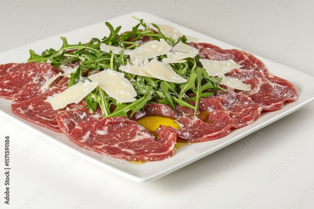 Delicious beef carpaccio topped with fresh arugula
