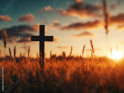 Christliches Kreuz vor atemberaubendem Sonnenuntergang in der Natur

